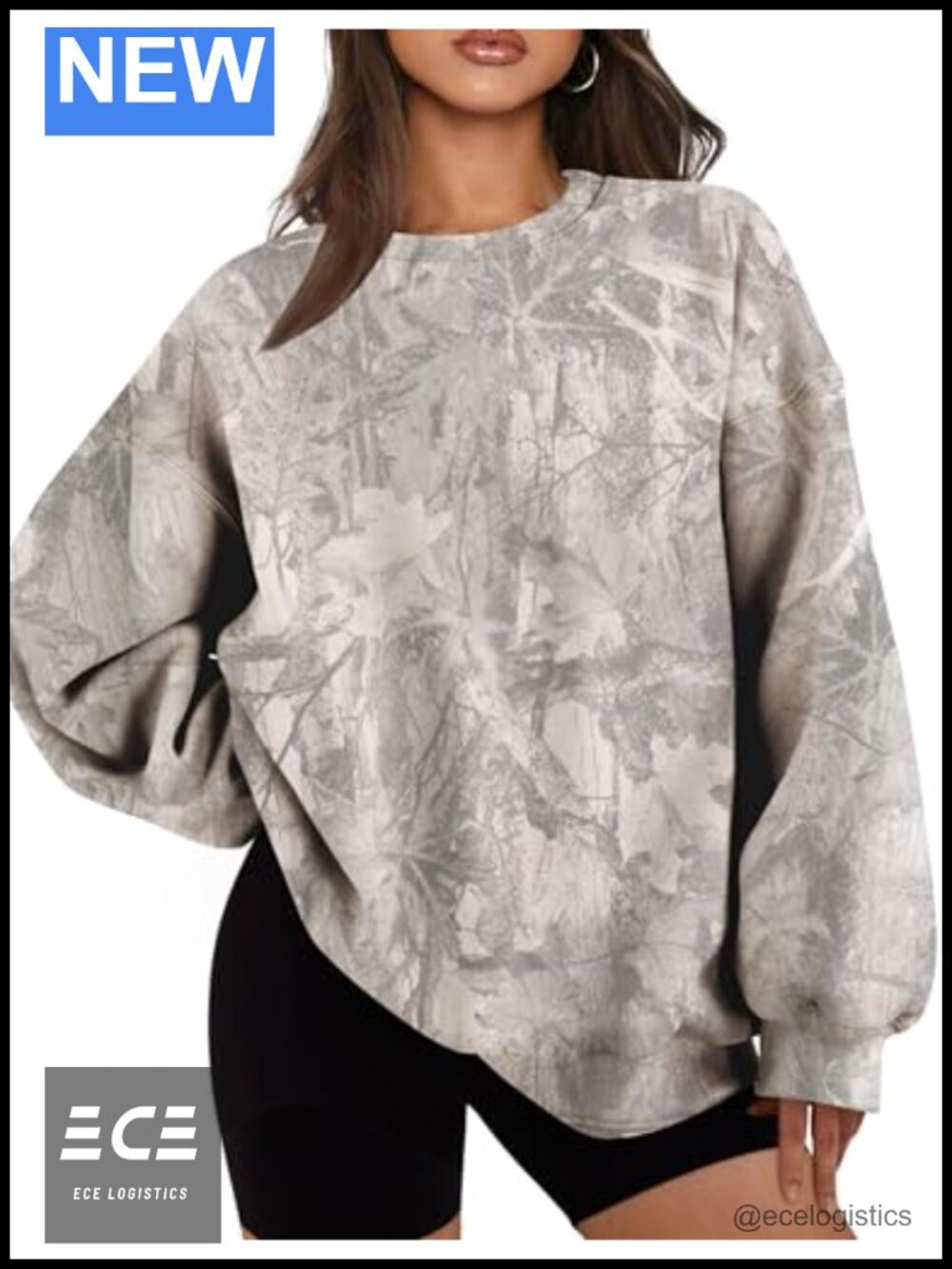 Oversized Camo Sweatshirt Maple Leaf Print Fleece Crewneck Pullover